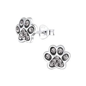 Silver Paw Print Stud Earrings - Black diamond